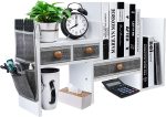 X-cosrack Wood Expandable Desktop Bookshelf Counter Bookcase Adjustable with Drawers Desktop Shelves Rack Storage Organizer for Office Supplies,Makeup,White.Petent Pending
